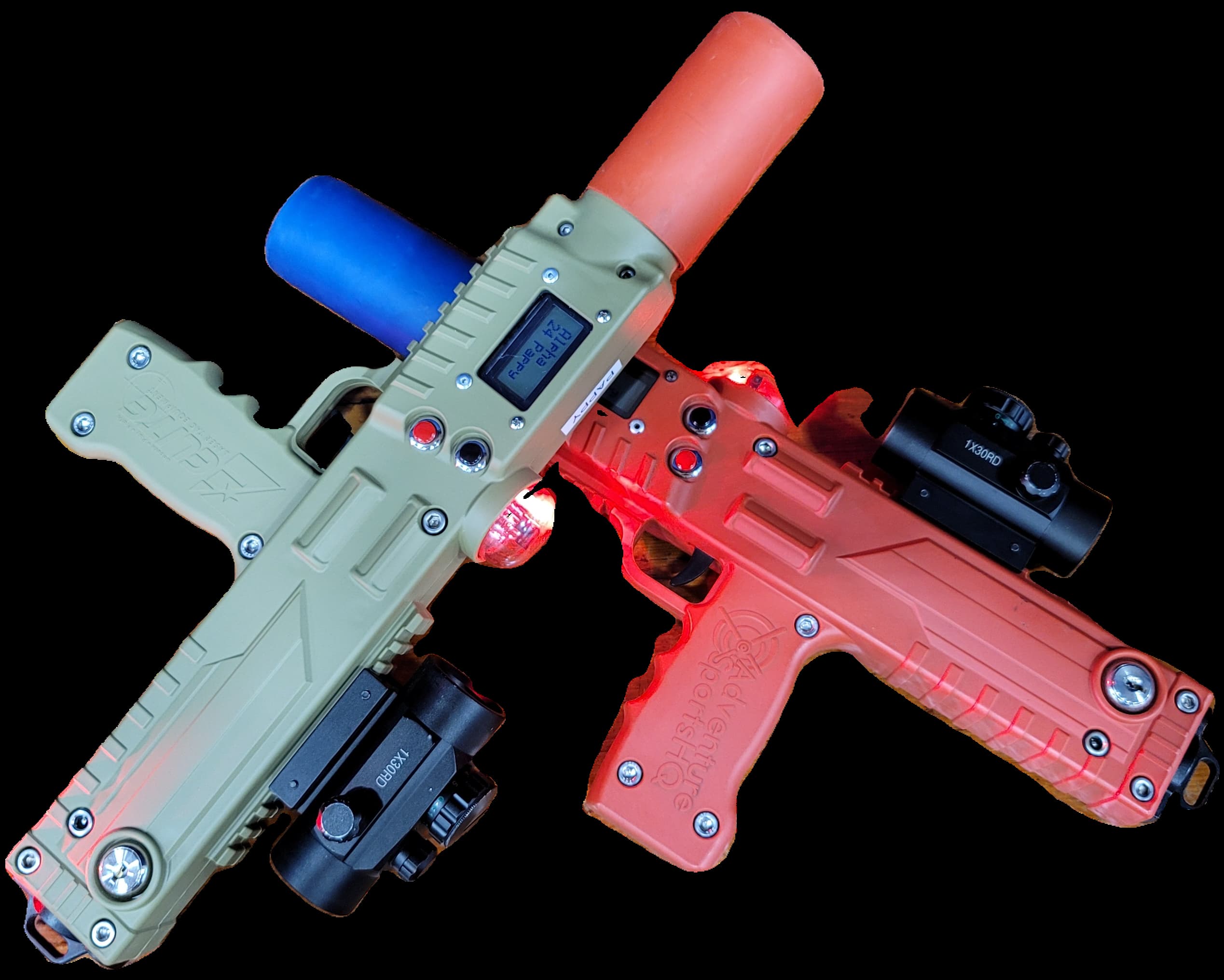 Two Laser Tag blasters, one olive green and the other bright orange, with LED lights and scope attachments, positioned crosswise on a black background.